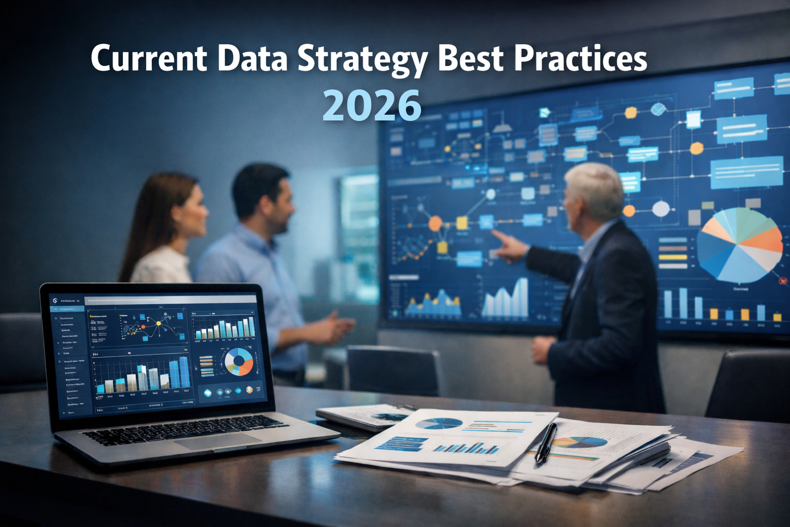 Data strategy workshop cover with stakeholders reviewing dashboards and planning priorities.